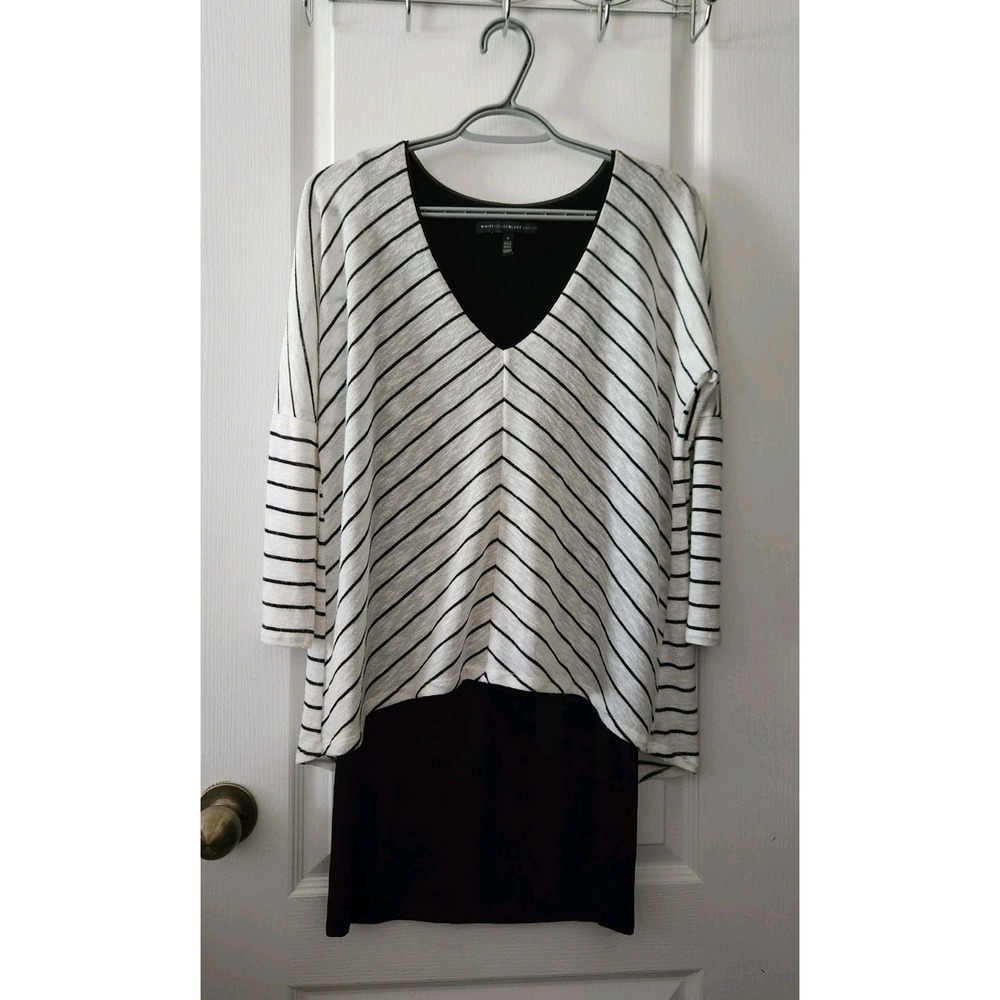 White House Black Market Women's Size S V-Neck Striped Top Tunic White Black